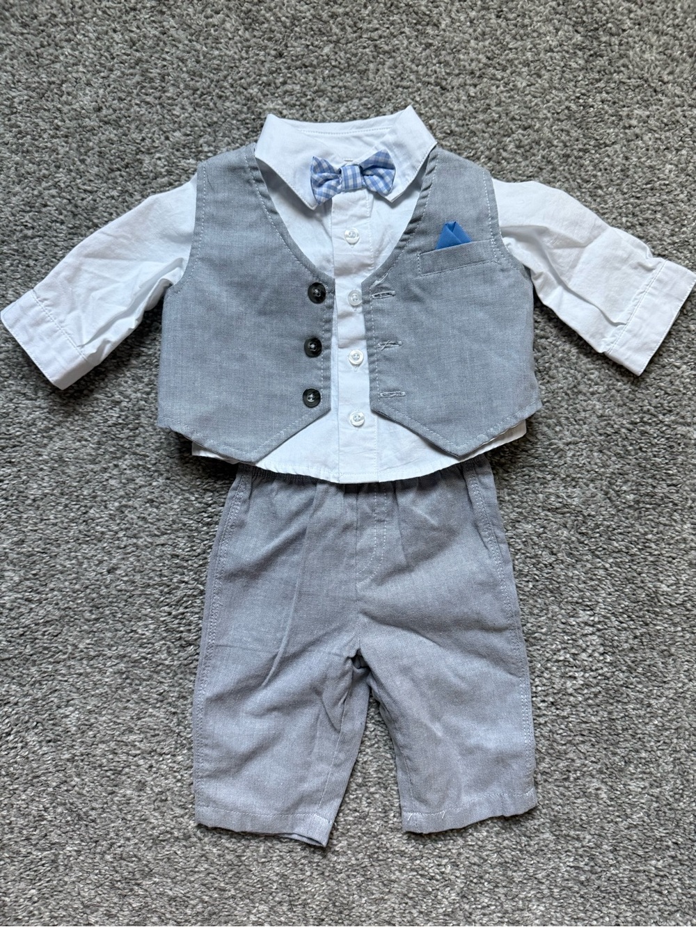 Newborn Baby Boy Gray Vest & Pants Set with White Shirt and Blue Bow Tie